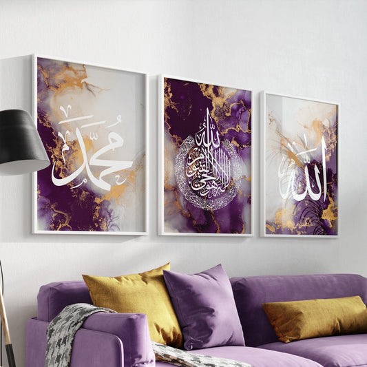 Purple sofa with gold and white cushions in a living room with abstract art on the wall.