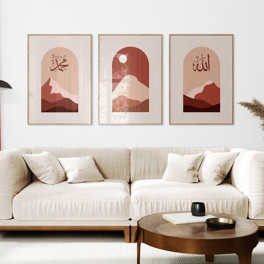 Living room with a beige sofa, coffee table, and three framed artworks on the wall.