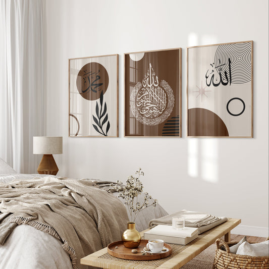 Modern bedroom with abstract wall art and a wooden nightstand.
