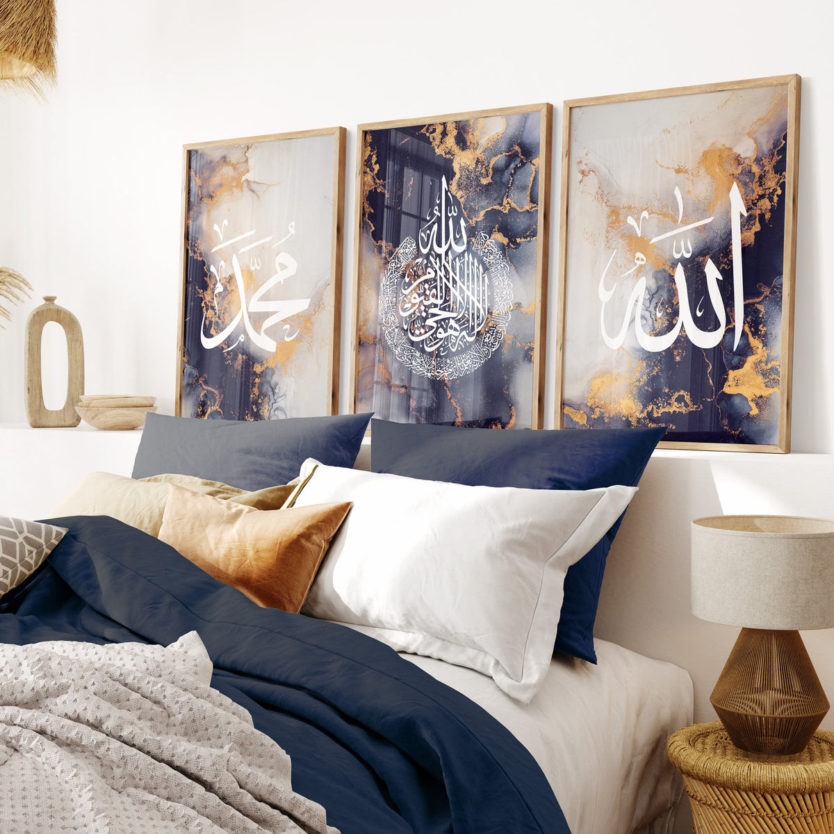 Bedroom with framed artwork featuring Arabic calligraphy on the wall.