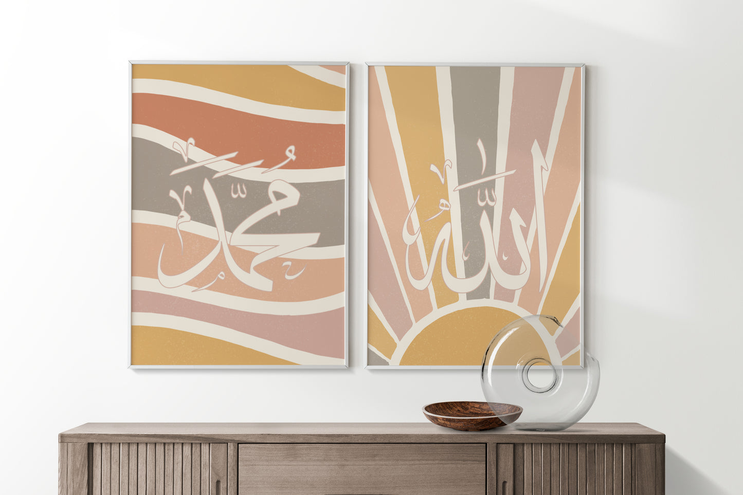 Digital Download, Islamic Wall Arts, Set of 3 Boho Pastel Colour Prints, Allah And Muhammad, Arabic Calligraphy, Home, Decor, Islamic Frames