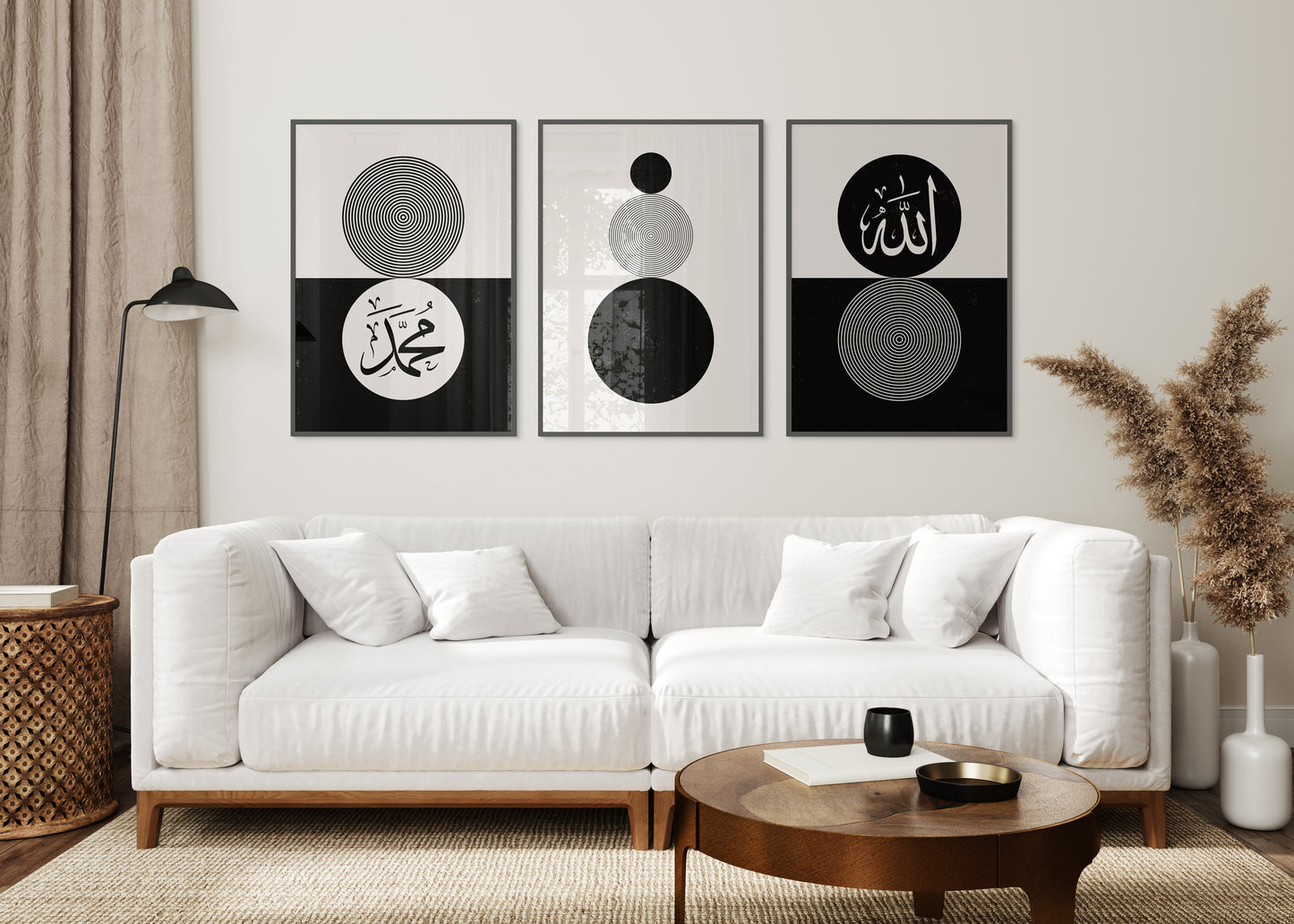 Set of 3 Islamic Wall Art, Boho Black and White Circle Frame Prints, Allah And Muhammad