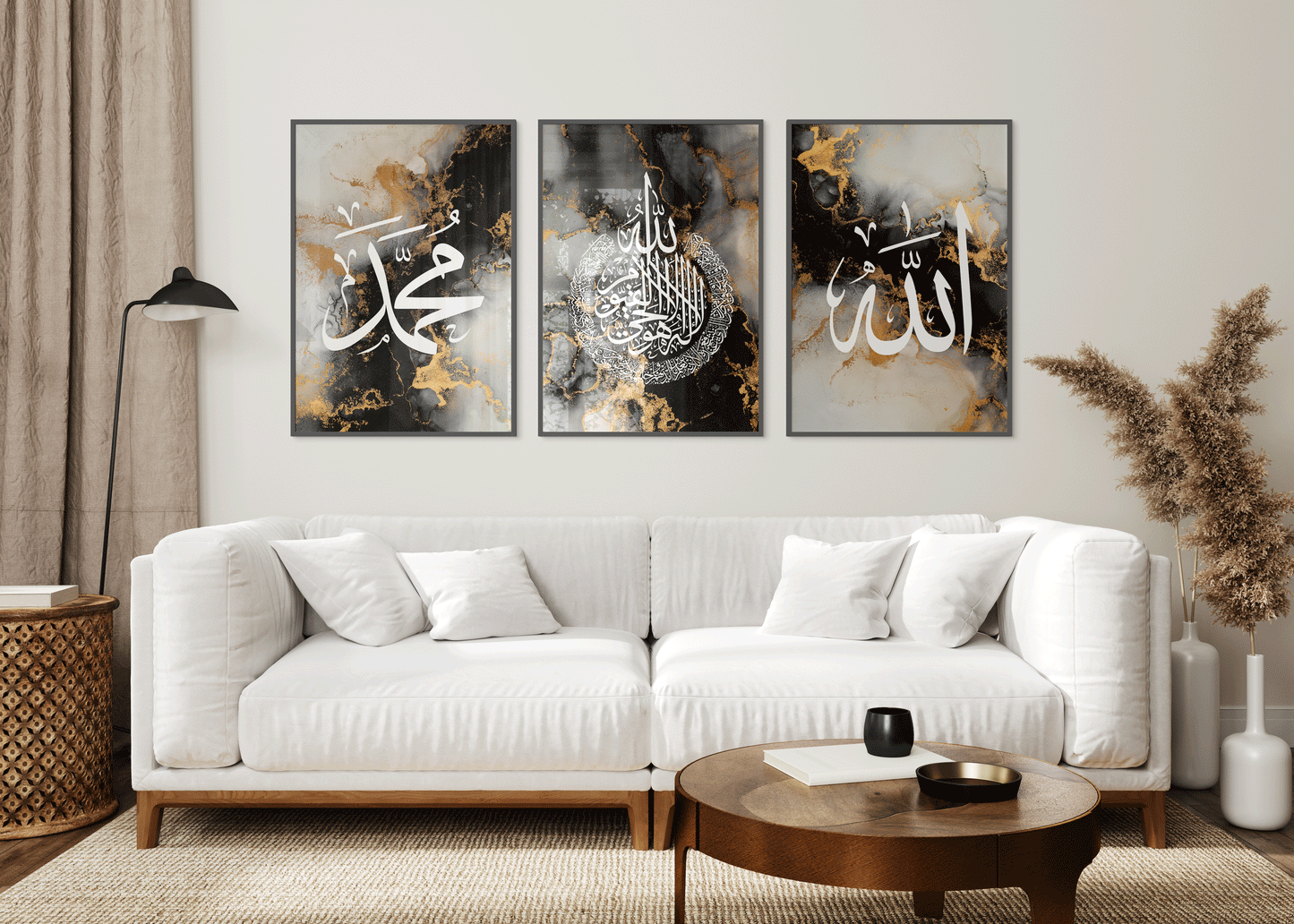 Set of 3 Islamic Wall Art Prints Black And Gold Marble Allah Ayatul Kursi Muhammad