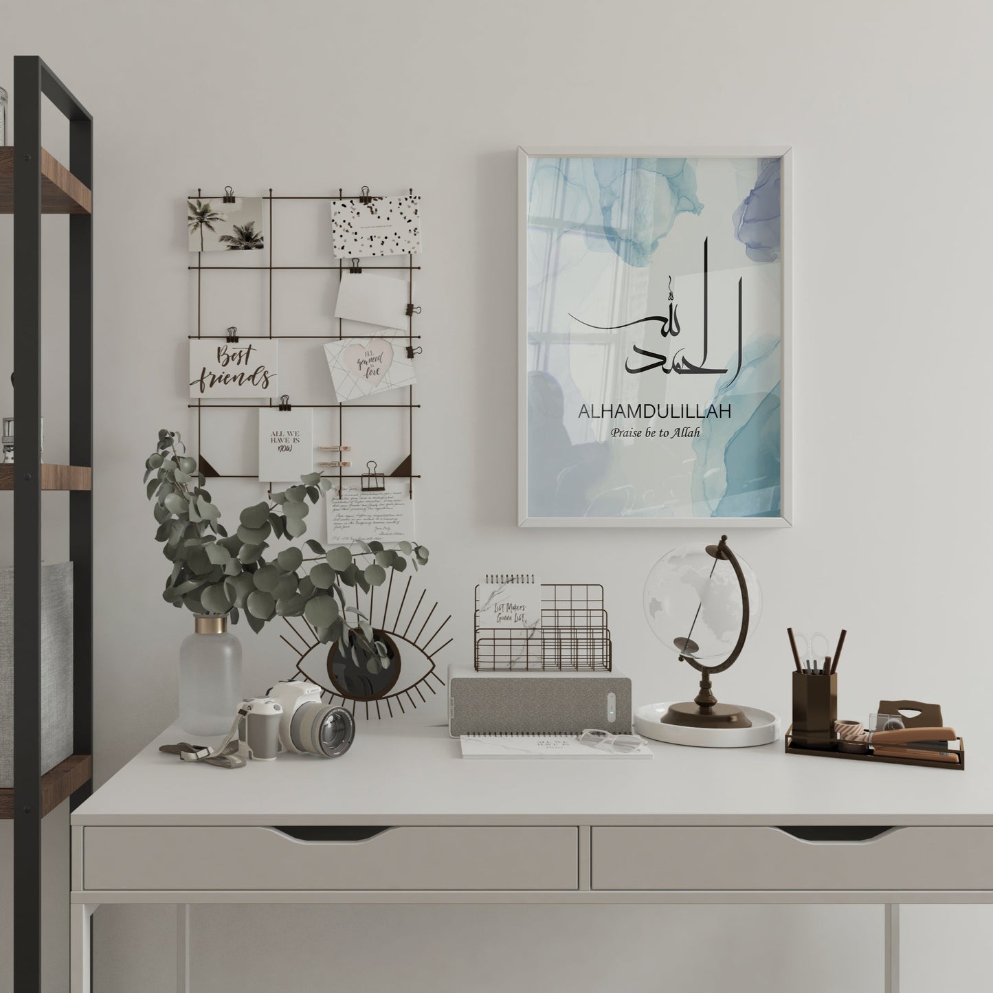 Home office setup with a desk, shelves, and decorative items.