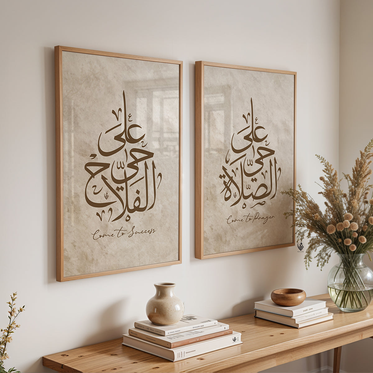 Two framed pieces of art with Arabic calligraphy on a wall above a wooden console table.