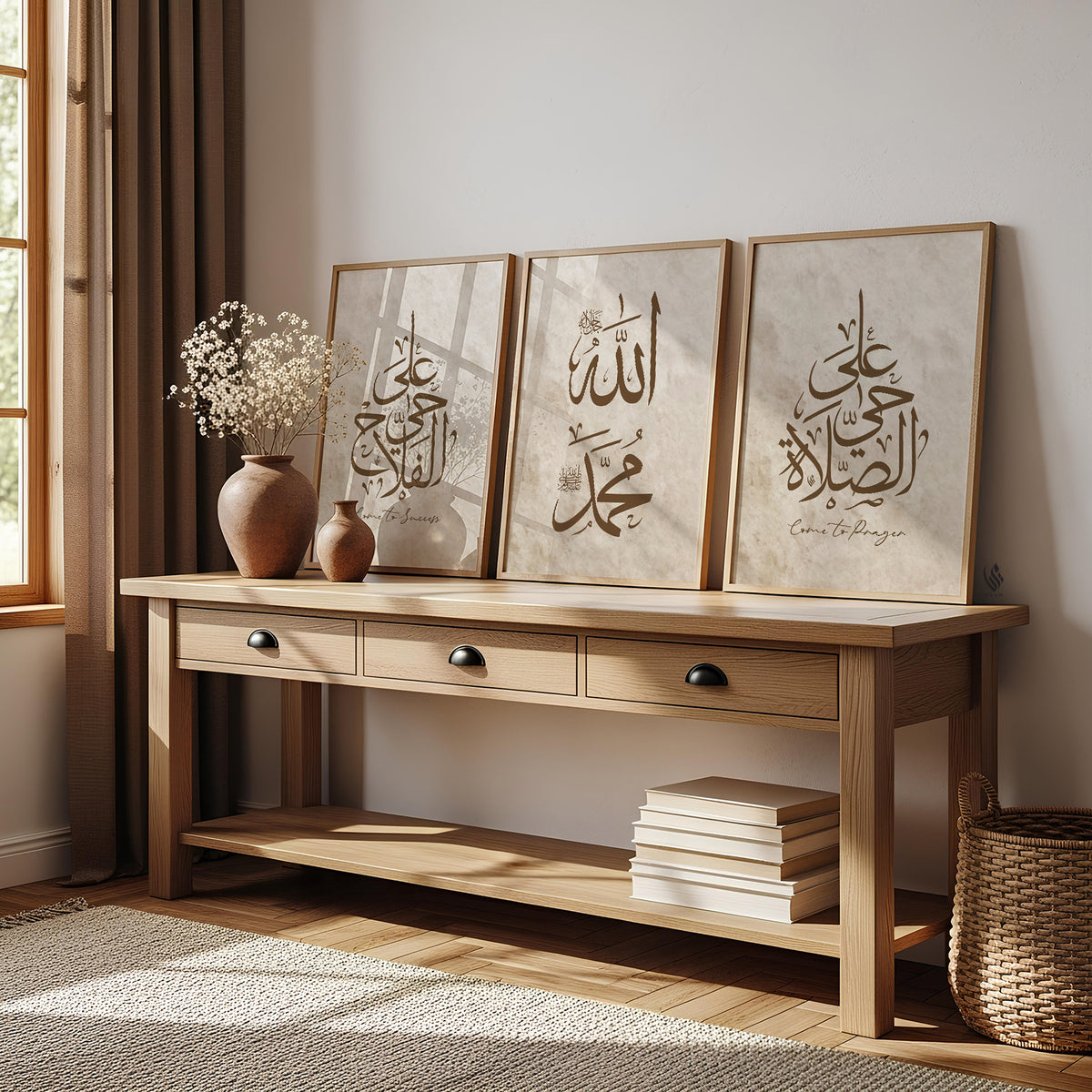 Wooden console table with framed calligraphy art in a room with a window and rug.