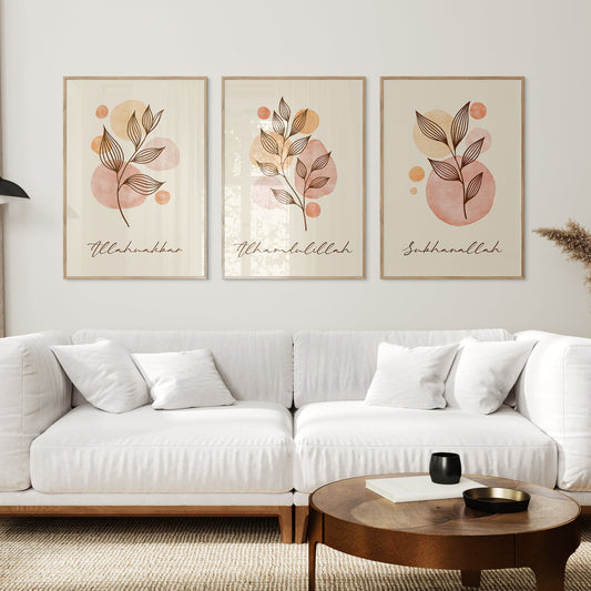 White sofa in a living room with floral wall art and decor.