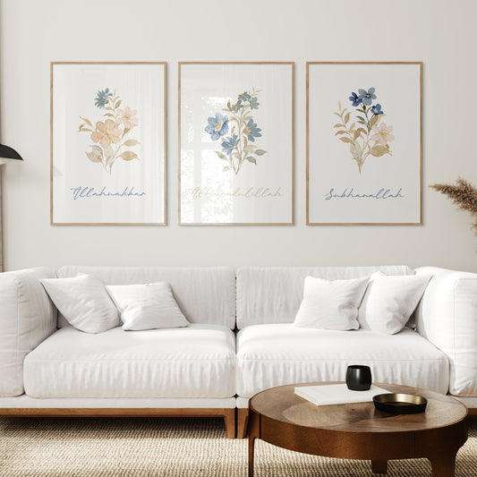 White sofa in a living room with floral wall art and a coffee table.