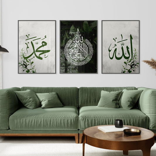Green sofa in a living room with Arabic calligraphy art on the wall.