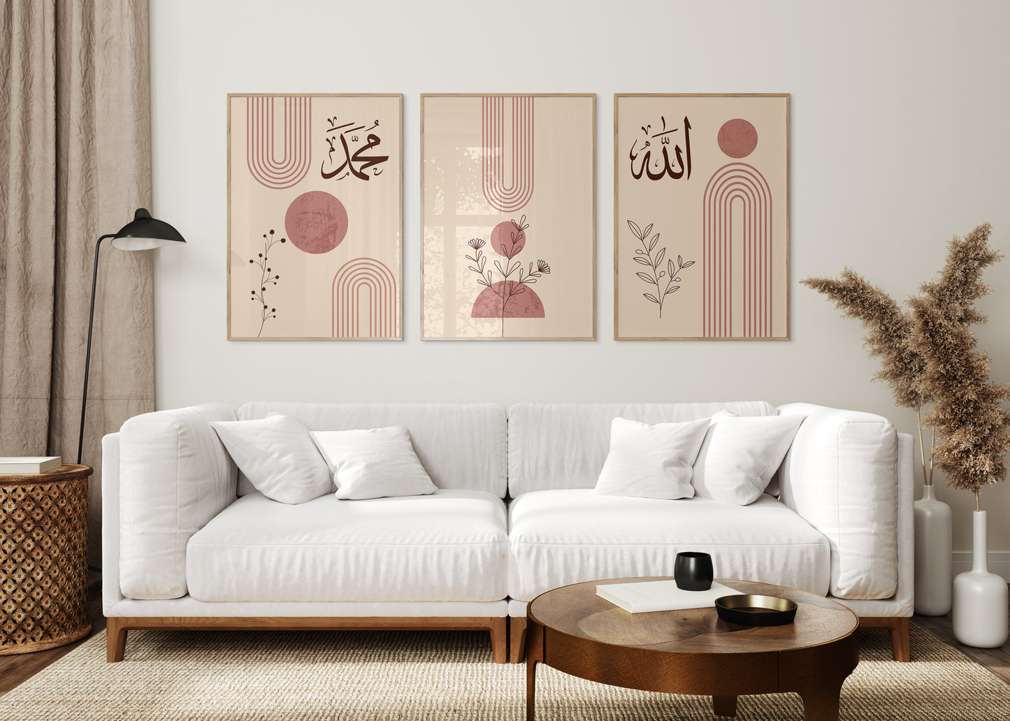 Set of 3 Islamic Wall Art Prints, Boho Marron Pink, Allah And Muhammad