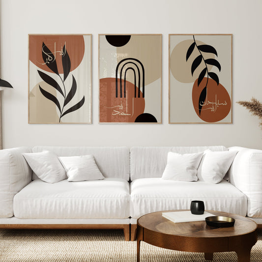 Modern living room with a white sofa, wooden coffee table, and abstract art on the wall.