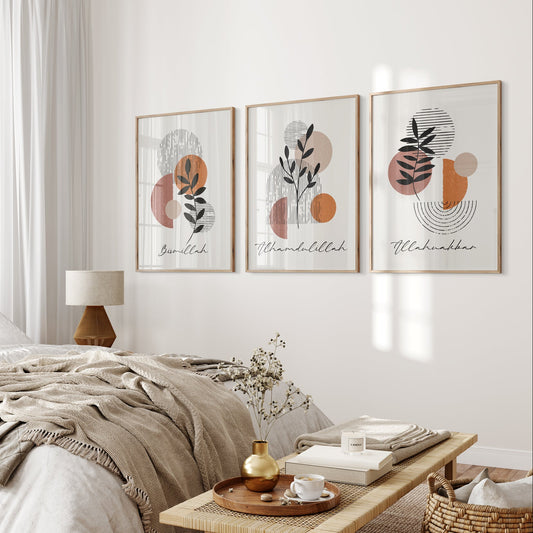 Modern bedroom with abstract wall art and a wooden side table.