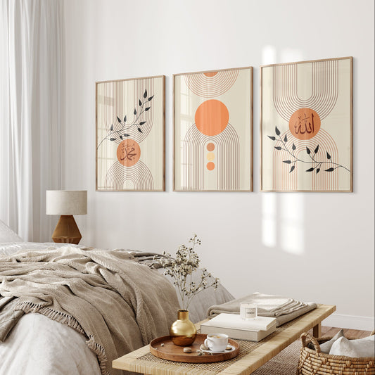 Three abstract wall art pieces on a white wall above a bed with a wooden nightstand.