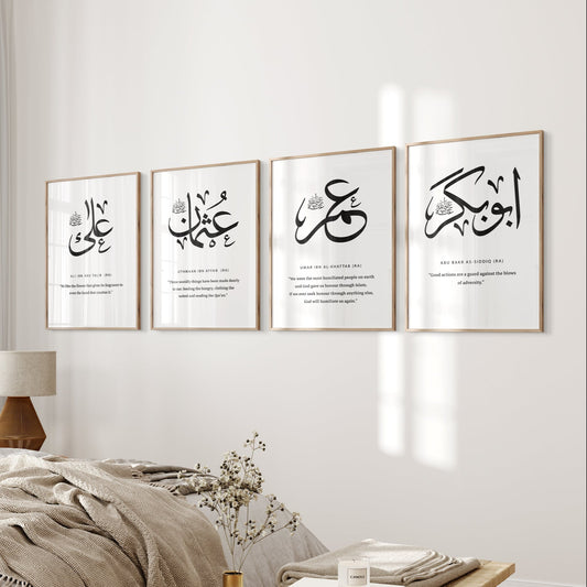 Modern bedroom with four framed pieces of art on the wall.