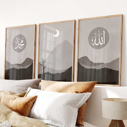 Bedroom with framed artwork above a bed featuring pillows and a lamp.