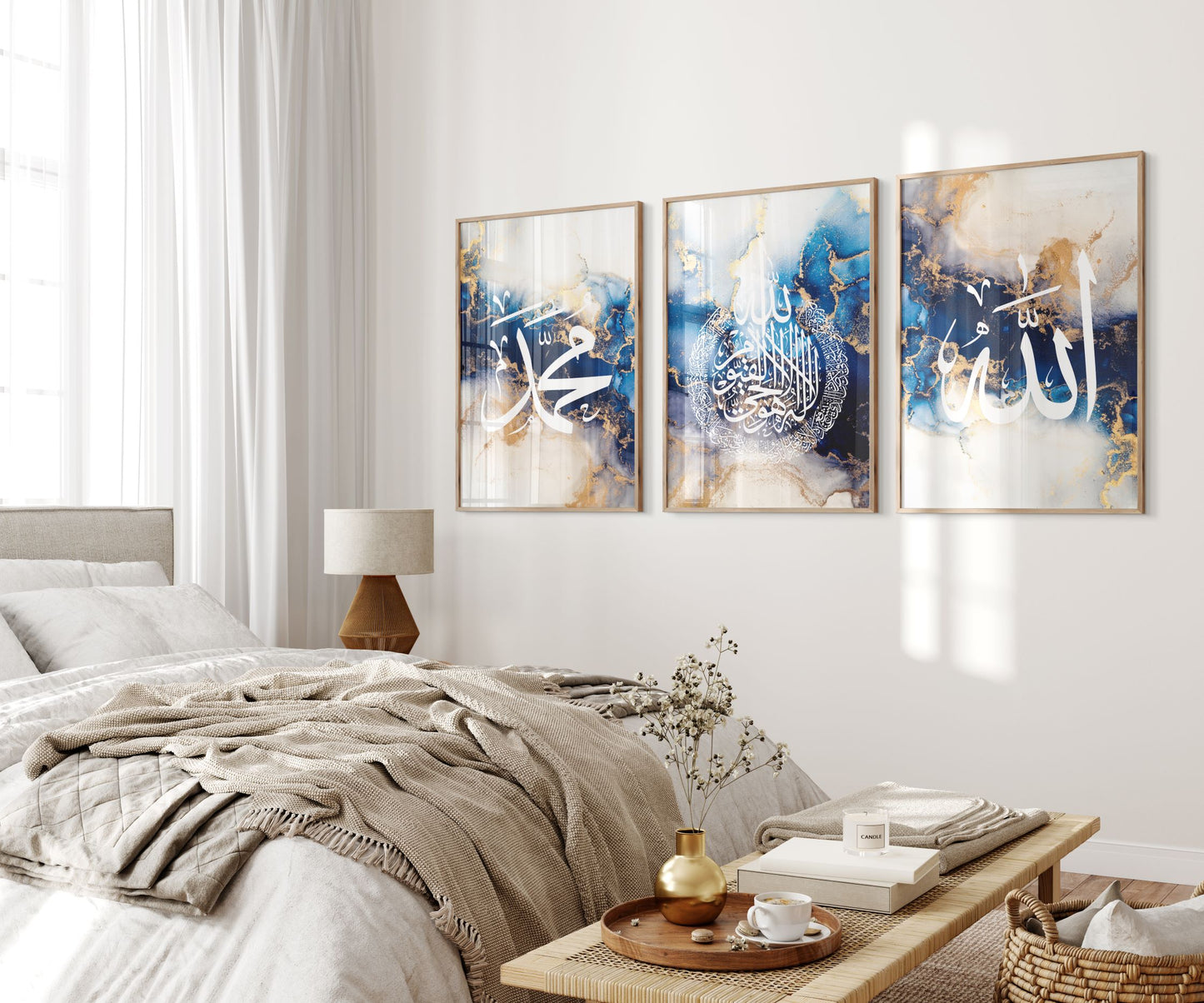Digital Download, Set of 3 Royal Blue & White Allah, Ayatul Kursi and Muhammad Arabic Calligraphy Islamic Wall Art Print, Muslim Home Wall