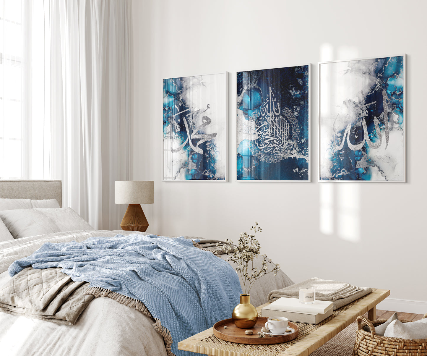 Set of 3 Islamic Wall Art Prints Sapphire Blue and Silver Marble Allah Ayatul Kursi Muhammad