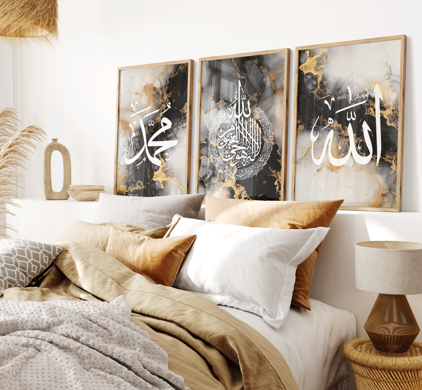 Set of 3 Islamic Wall Art Prints Black And Gold Marble Allah Ayatul Kursi Muhammad