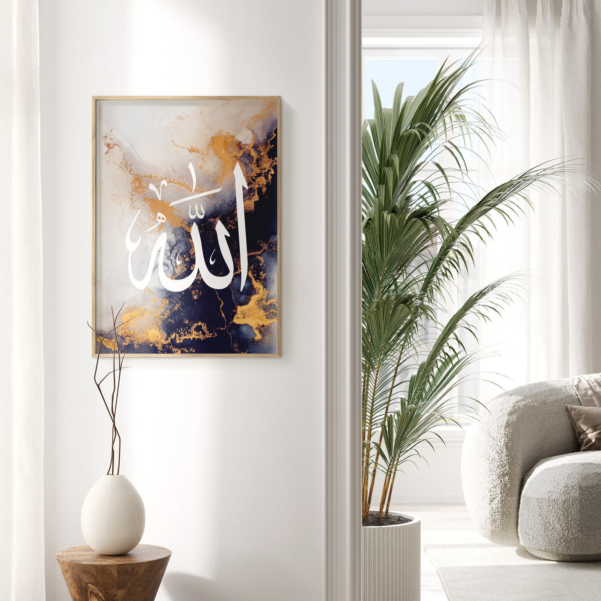 Decorative wall art with abstract design and text in a modern living room.