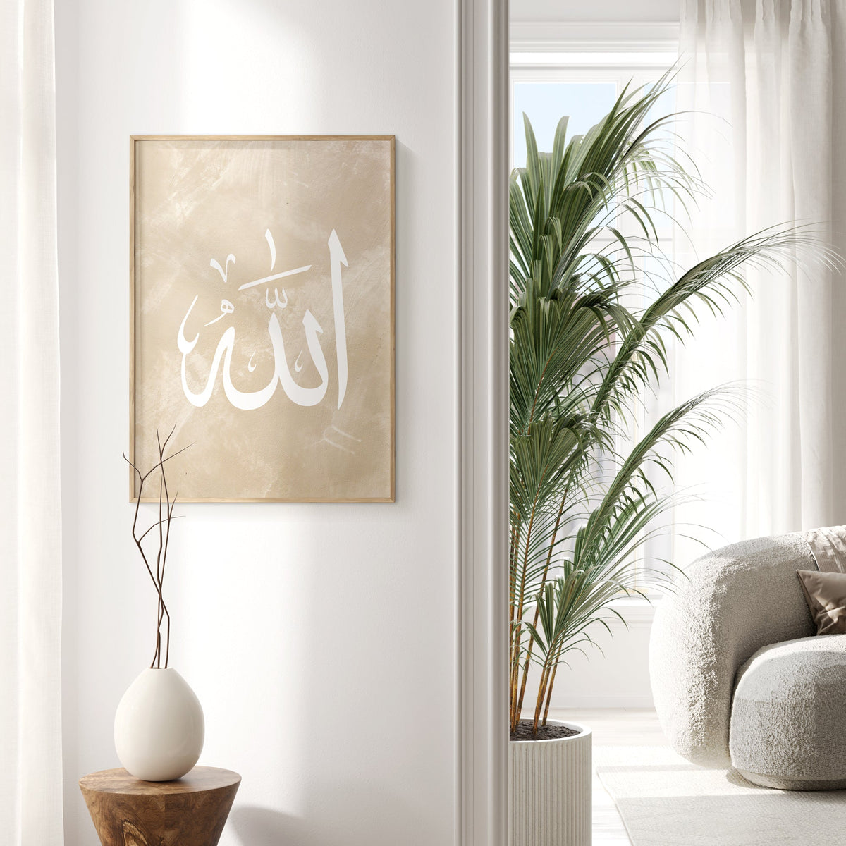 Modern interior with a framed artwork, plant, and chair.