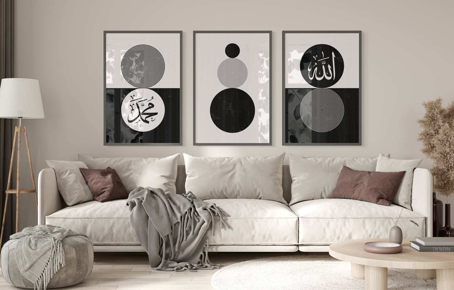 Set of 3 Islamic Wall Art, Boho Black and White Circle Frame Prints, Allah And Muhammad