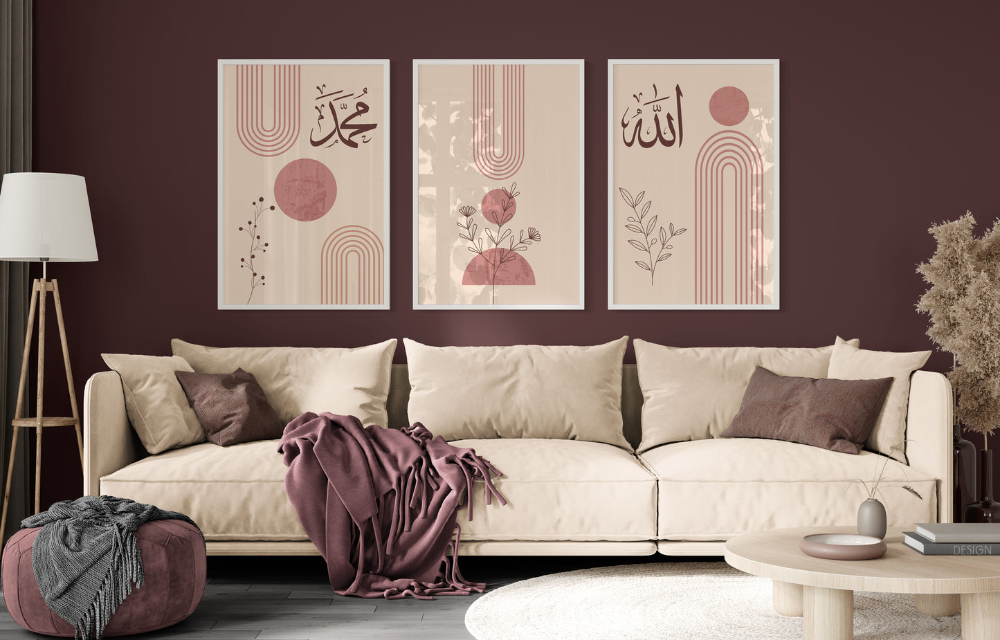 Set of 3 Islamic Wall Art Prints, Boho Marron Pink, Allah And Muhammad