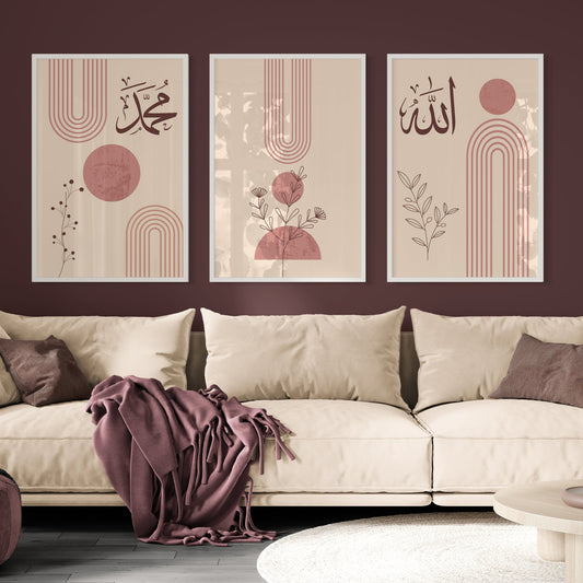 Living room with beige sofa, decorative pillows, and wall art on a dark red wall.