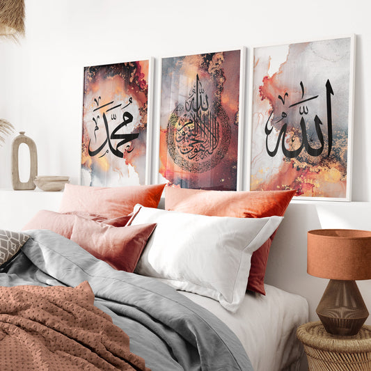 Bedroom with three framed artworks featuring Arabic calligraphy on the wall.