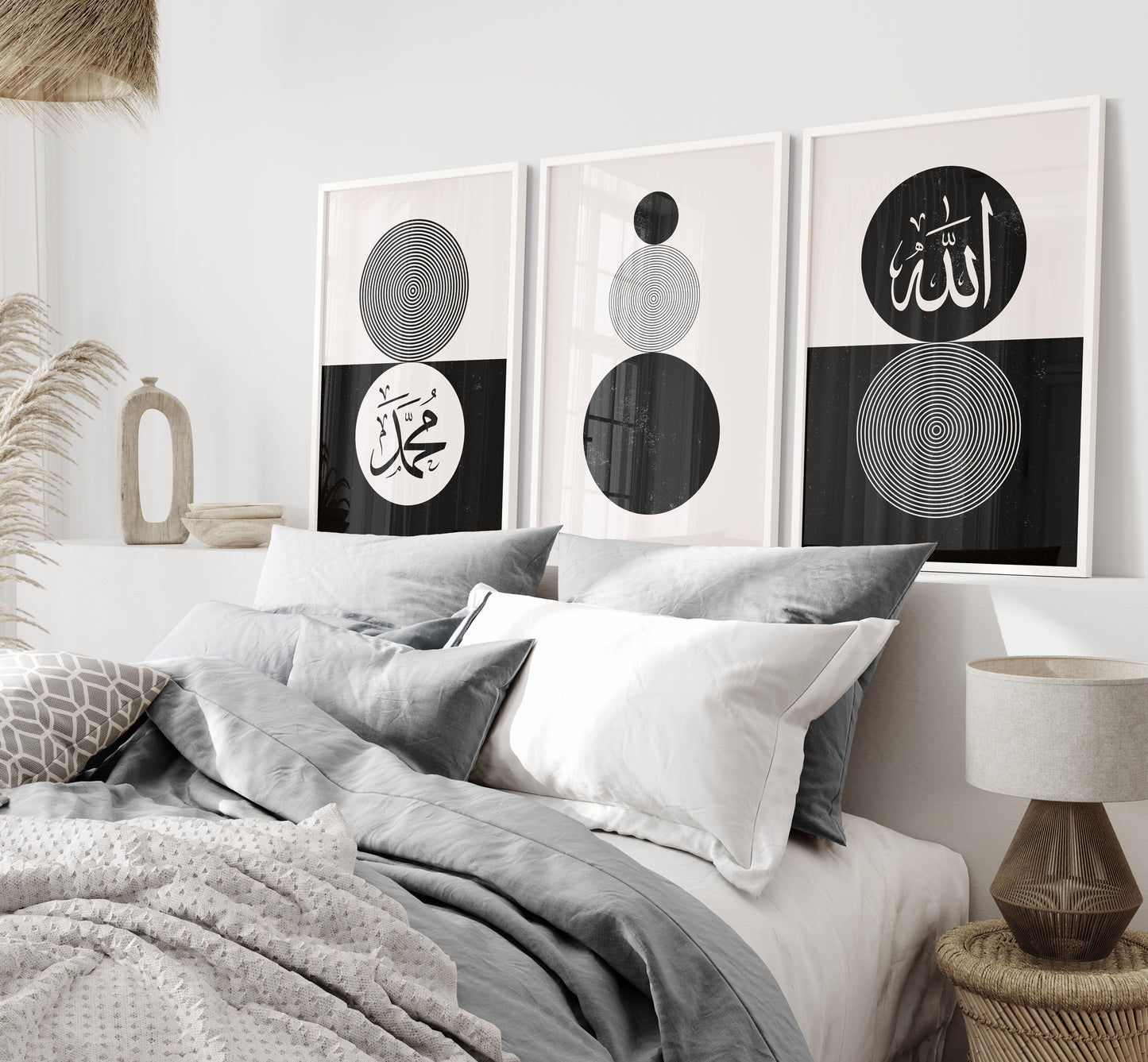 Set of 3 Islamic Wall Art, Boho Black and White Circle Frame Prints, Allah And Muhammad