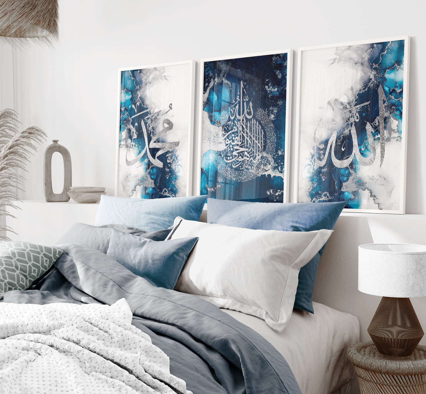 Set of 3 Islamic Wall Art Prints Sapphire Blue and Silver Marble Allah Ayatul Kursi Muhammad