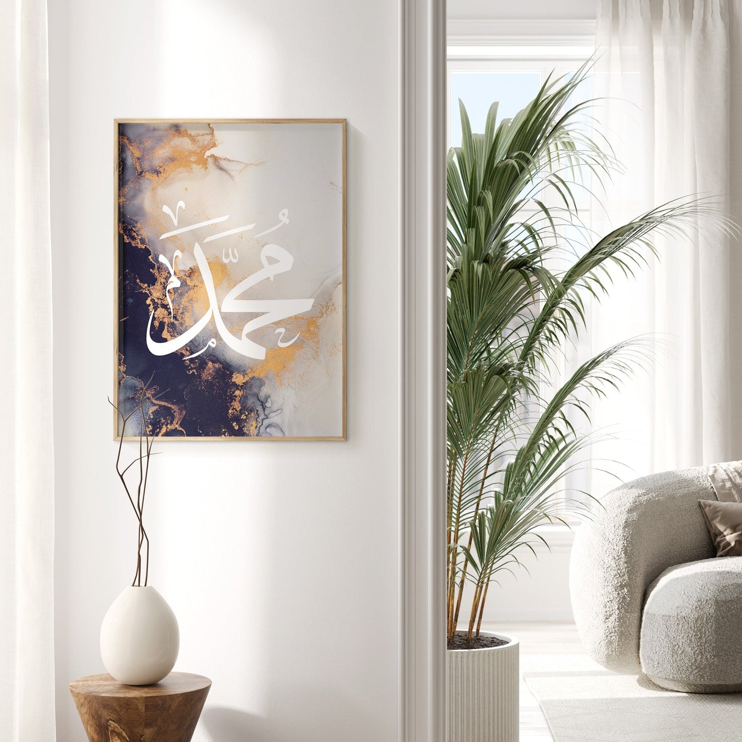 Modern interior with abstract art, plant, and white furniture