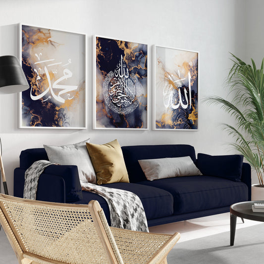 Living room with a navy blue sofa, decorative pillows, and three abstract art pieces on the wall.