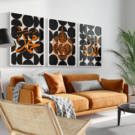 Orange sofa in a living room with three black and orange abstract wall art pieces.