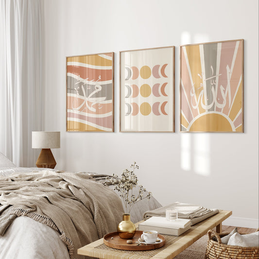 Modern bedroom with abstract wall art and a wooden nightstand.