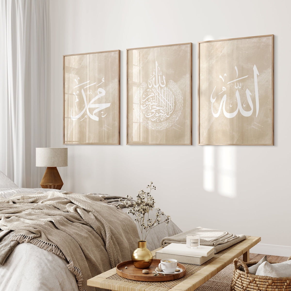 Neatly made bed with neutral bedding in a bedroom setting, featuring wall art.