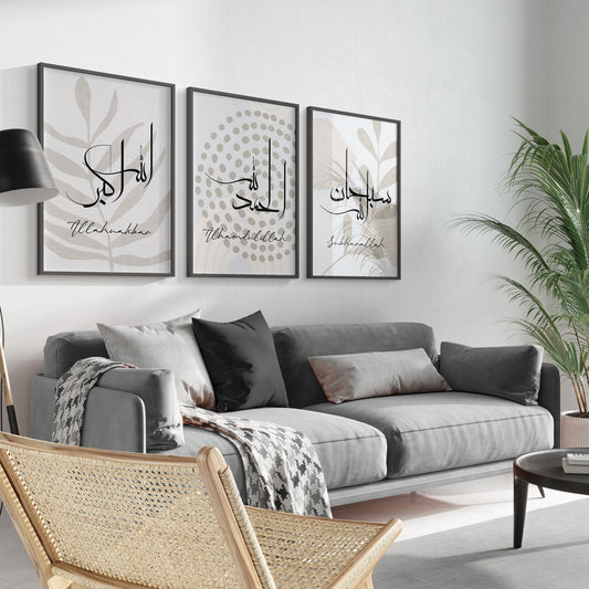 Modern living room with a gray sofa, decorative pillows, and framed art on the wall.