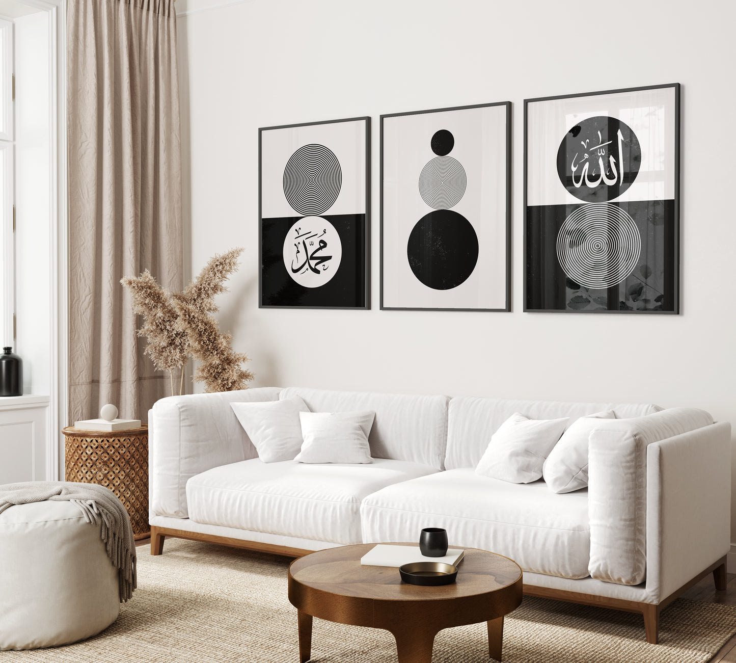 Set of 3 Islamic Wall Art, Boho Black and White Circle Frame Prints, Allah And Muhammad
