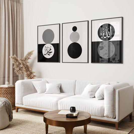 Modern living room with a white sofa, wooden coffee table, and abstract art on the wall.