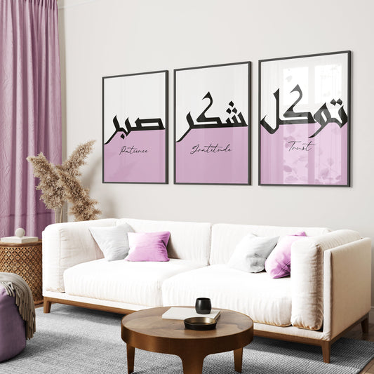 Living room with a white sofa, pink cushions, and three framed artworks on the wall.