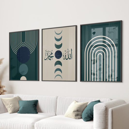 Modern living room with a white sofa, wooden coffee table, and three framed abstract artworks on the wall.