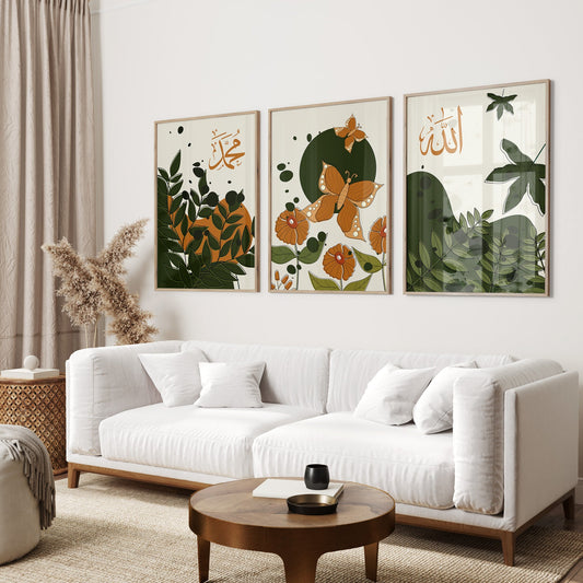 Living room with a white sofa, wooden coffee table, and decorative wall art.