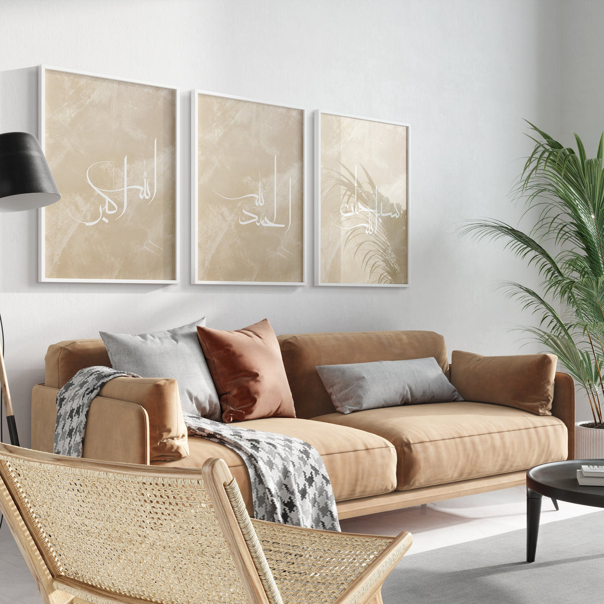 Modern living room with a beige sofa, wicker chair, and wall art.