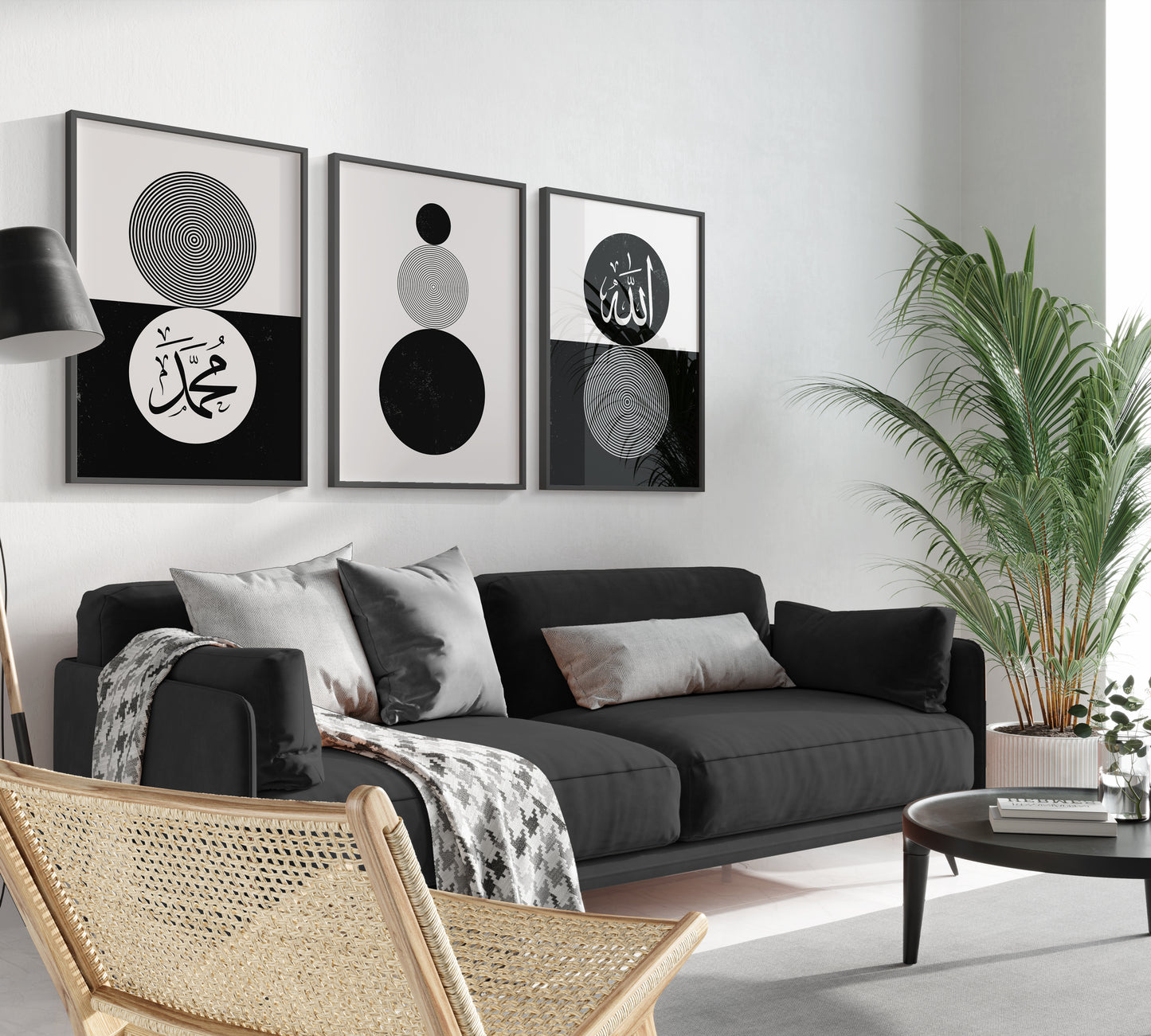 Digital Download, Set of 3 Boho Black and White Circle Frame Prints, Allah And Muhammad, Islamic Wall Art Print, Home, Art Deco, Muslim Home
