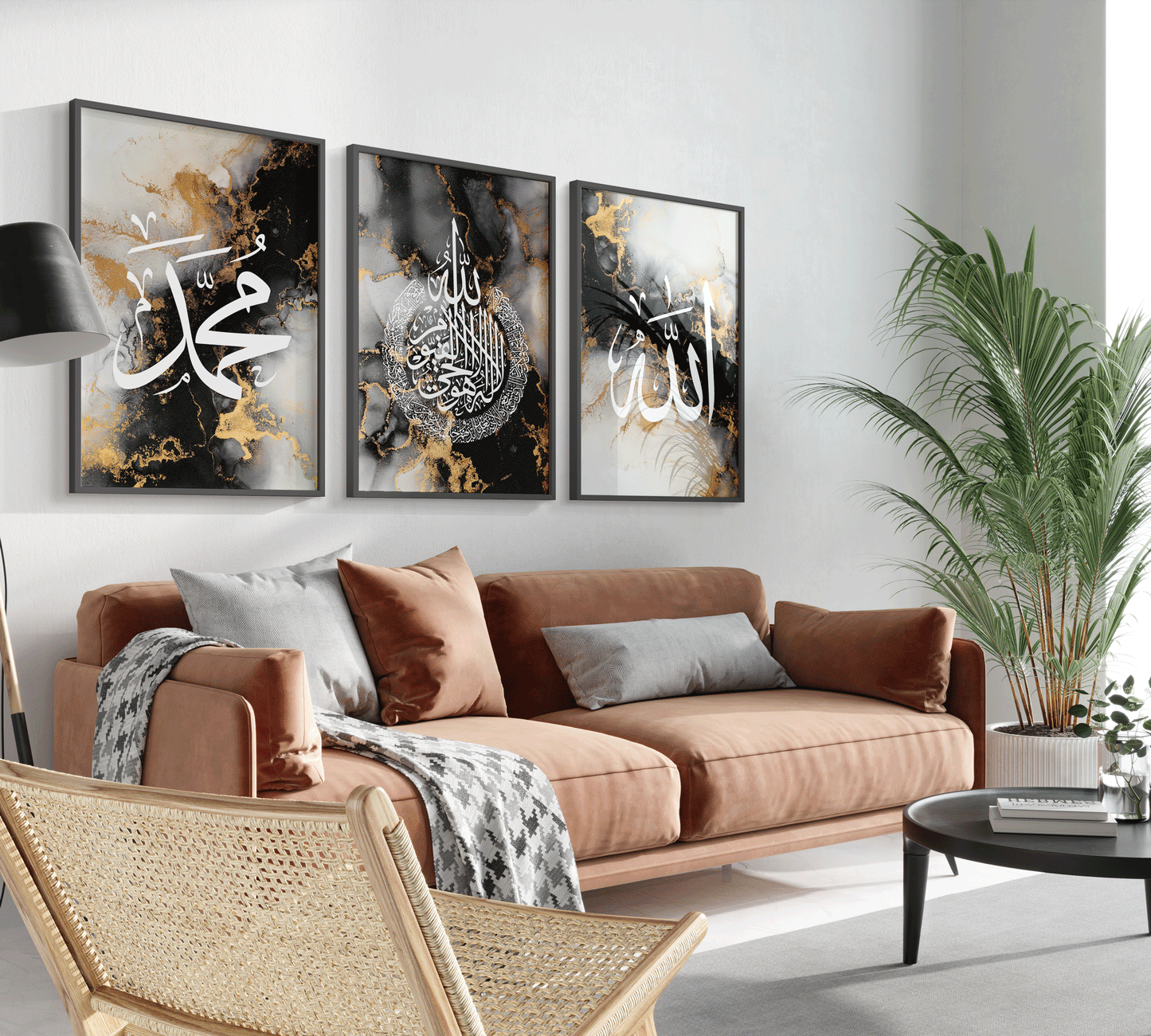Set of 3 Islamic Wall Art Prints Black And Gold Marble Allah Ayatul Kursi Muhammad