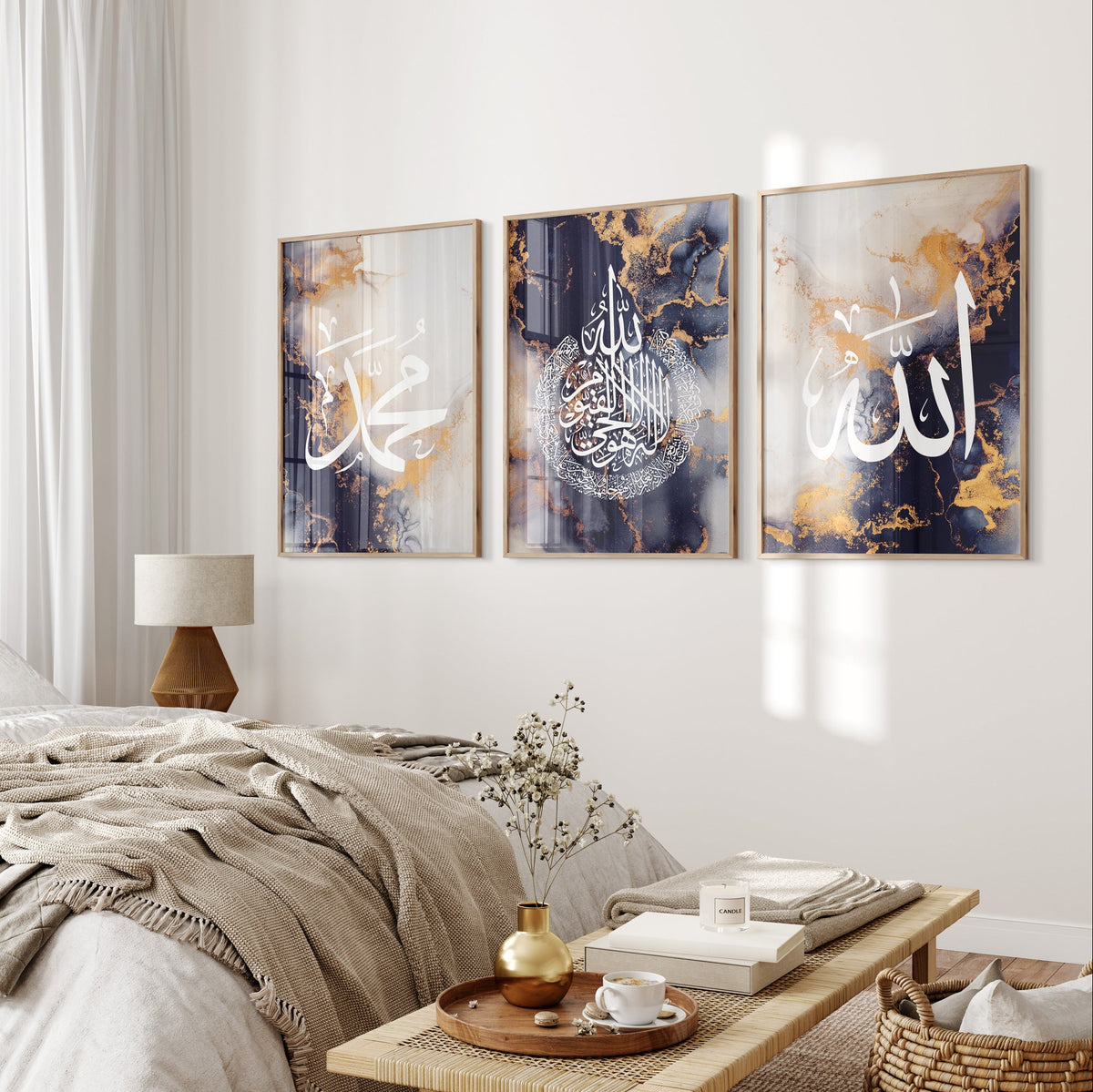 Modern bedroom with abstract wall art and a wooden nightstand.