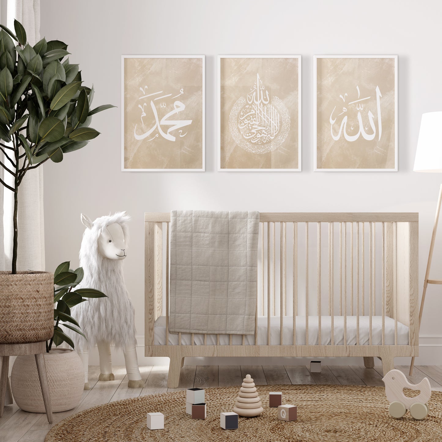 kids bedroom with a baby cot, wooden plant, and three framed Arabic calligraphy Islamic art pieces on the wall.