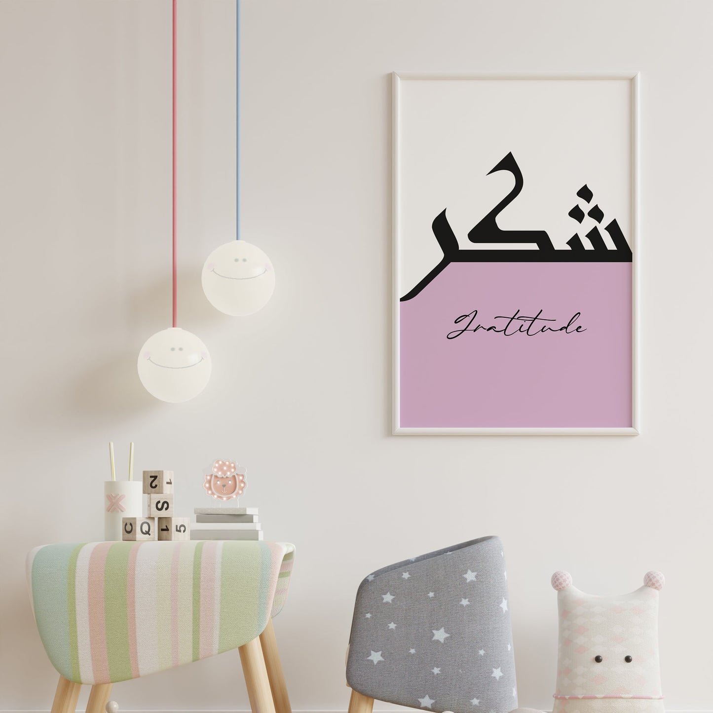 Children's room with a stool, toys, and a framed picture on the wall.