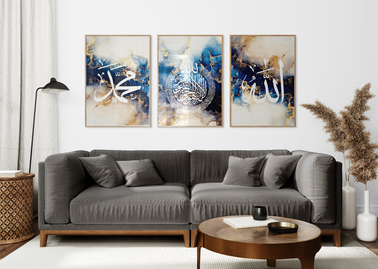 Digital Download, Set of 3 Royal Blue & White Allah, Ayatul Kursi and Muhammad Arabic Calligraphy Islamic Wall Art Print, Muslim Home Wall