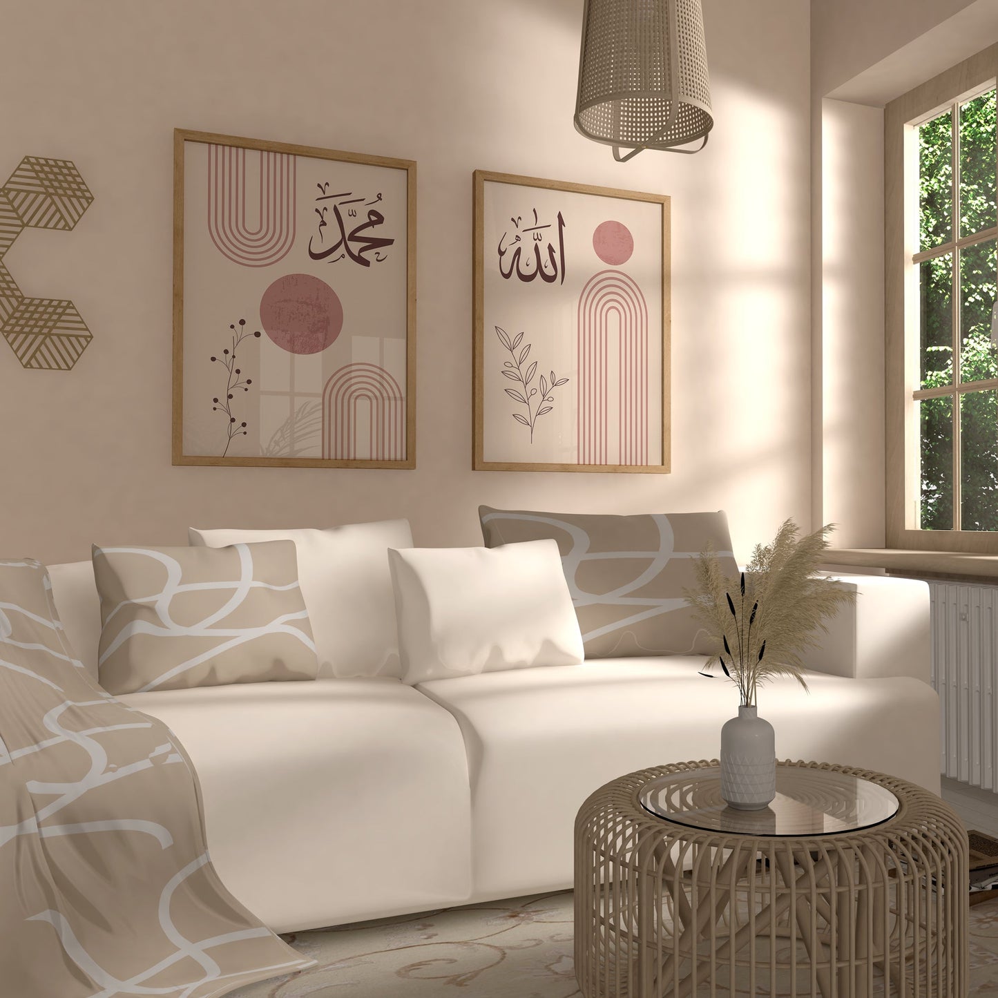 Modern living room with a white sofa, decorative pillows, and framed artwork on the wall.