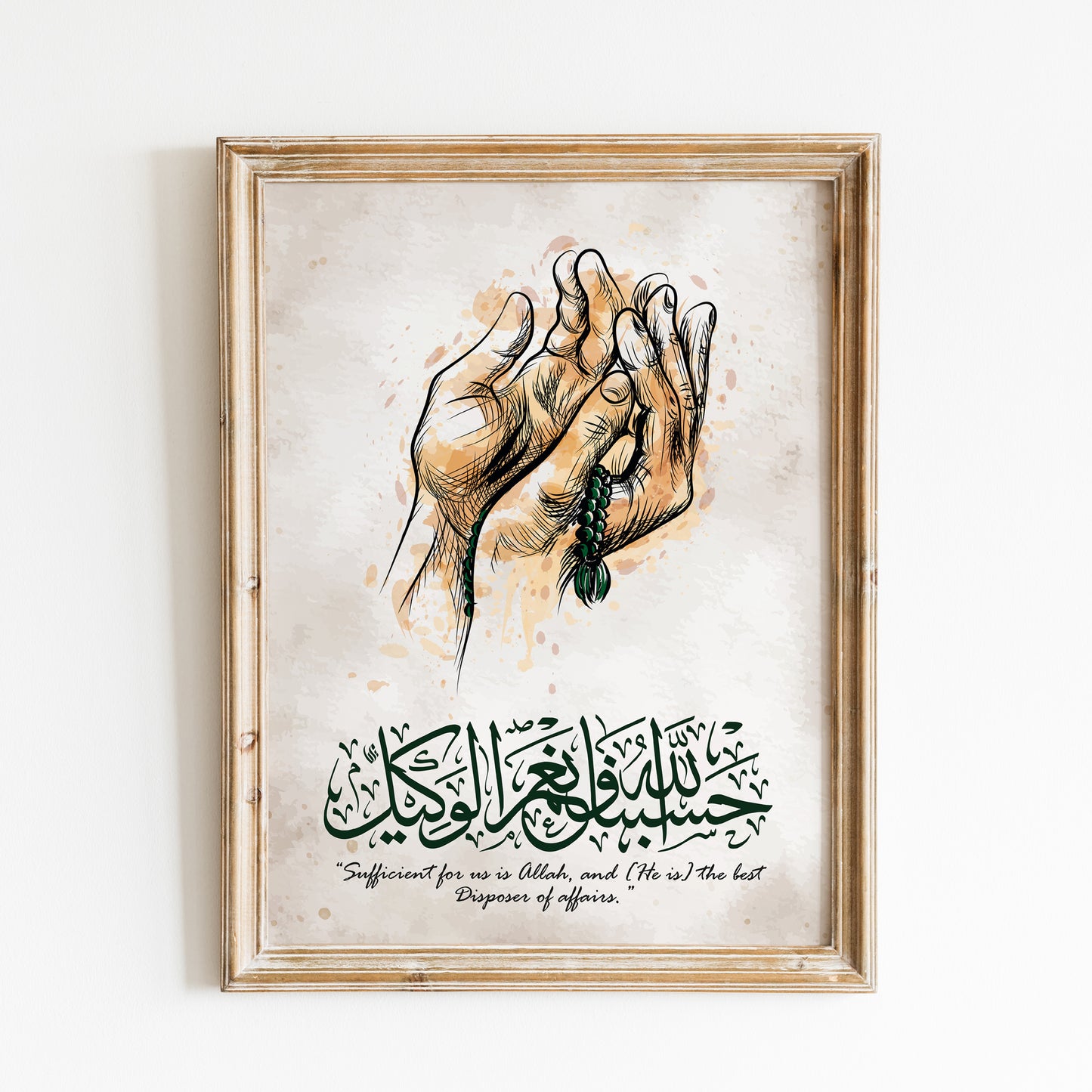 Framed artwork with hands holding a tasbeeh counter for muslims and Arabic calligraphy on a light background with quran ayah reminder about Allah for living rooms, office, bedroom to motivate a person.